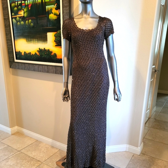 117. Carmen Marc Valvo 2 Piece Brown Crochet & Beaded Maxi Dress - Size Medium - Picture 1 of 11